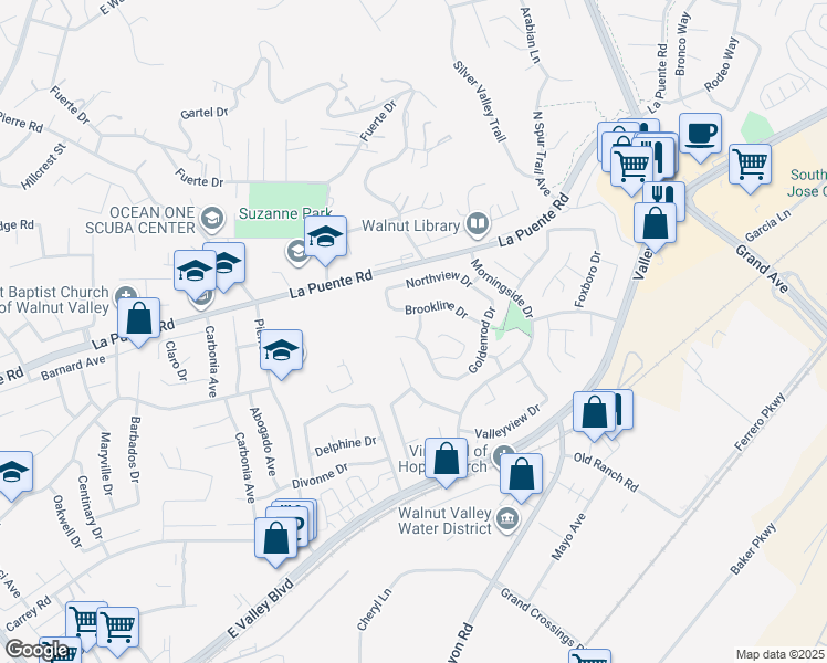 map of restaurants, bars, coffee shops, grocery stores, and more near 334 Deerfield Drive in Walnut