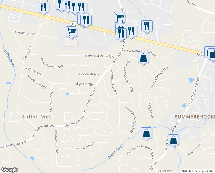 map of restaurants, bars, coffee shops, grocery stores, and more near 3434 Hogan Drive Northwest in Kennesaw