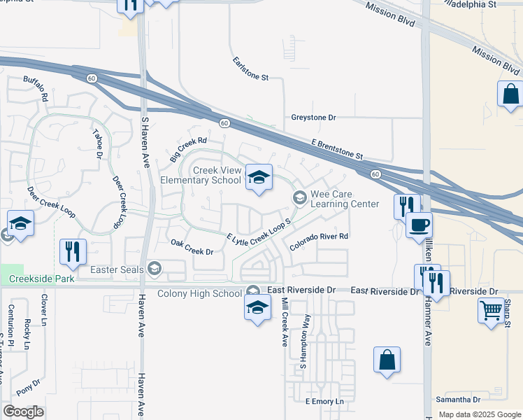 map of restaurants, bars, coffee shops, grocery stores, and more near 3821 Antelope Creek Drive in Ontario