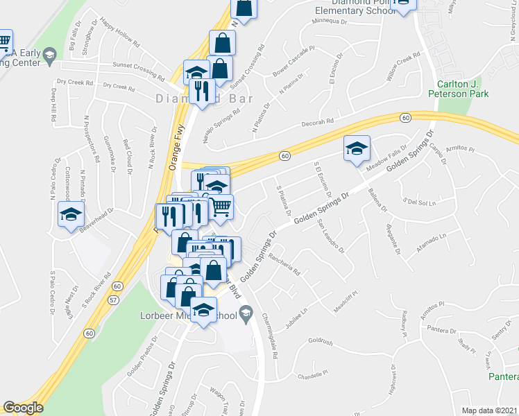 map of restaurants, bars, coffee shops, grocery stores, and more near 23632 Prospect Valley Drive in Diamond Bar