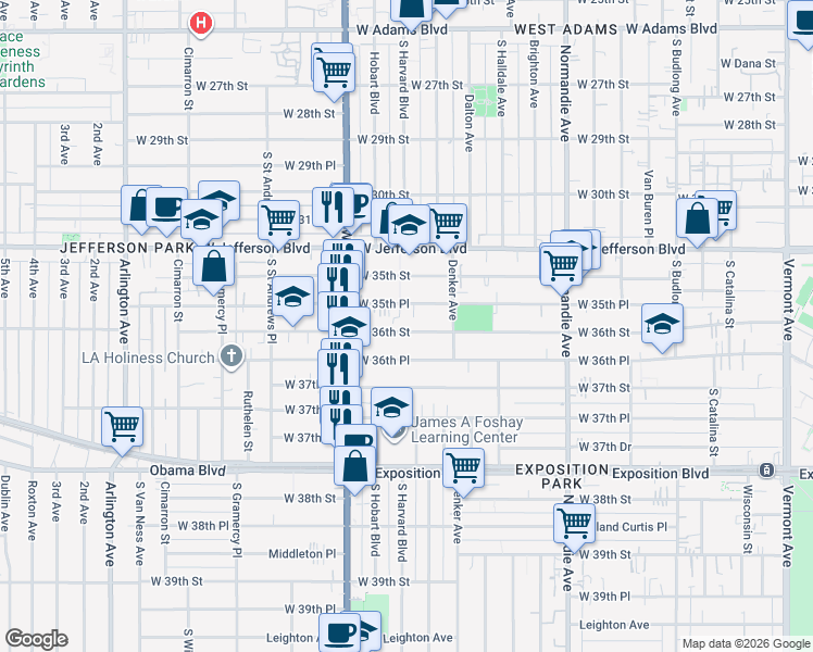 map of restaurants, bars, coffee shops, grocery stores, and more near 1615 West 36th Street in Los Angeles