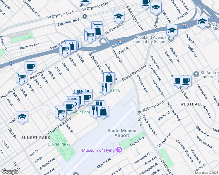 map of restaurants, bars, coffee shops, grocery stores, and more near in Santa Monica