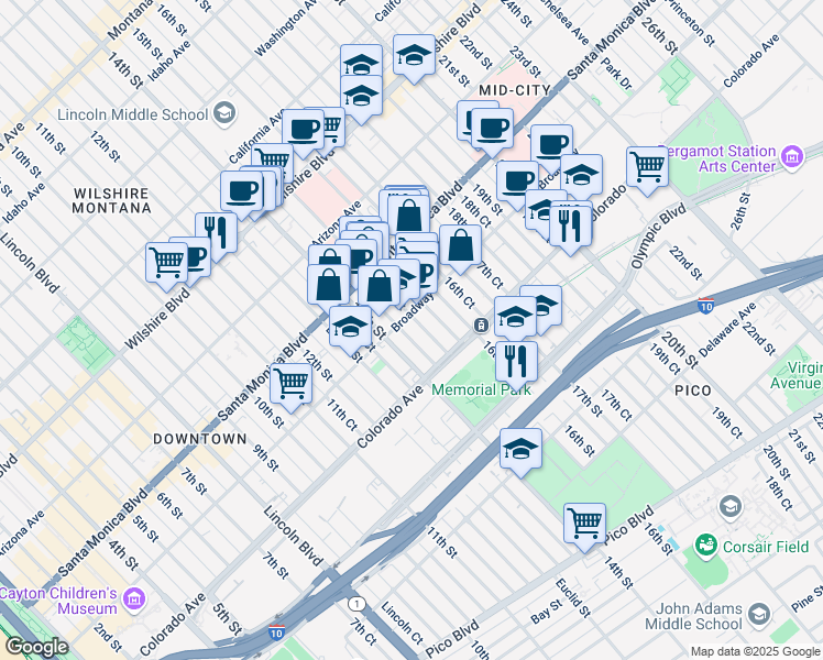 map of restaurants, bars, coffee shops, grocery stores, and more near 1424 Broadway in Santa Monica