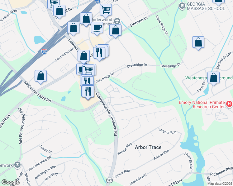 map of restaurants, bars, coffee shops, grocery stores, and more near 2763 Gower Way in Suwanee