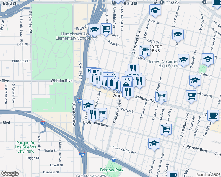 map of restaurants, bars, coffee shops, grocery stores, and more near 4571 1/2 Whittier Boulevard in East Los Angeles
