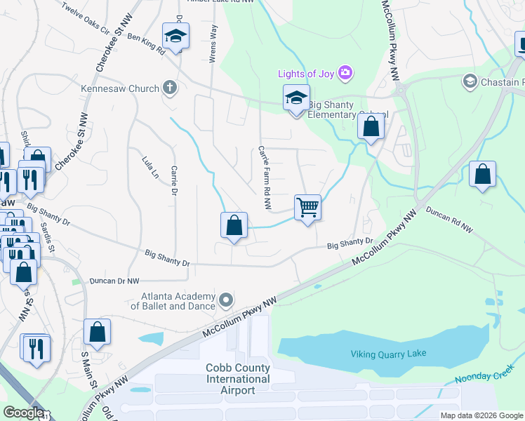 map of restaurants, bars, coffee shops, grocery stores, and more near 2971 Carrie Farm Road in Kennesaw