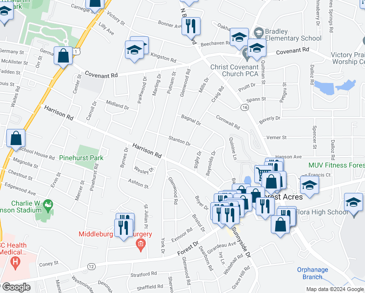 map of restaurants, bars, coffee shops, grocery stores, and more near 2433 Craig Road in Columbia