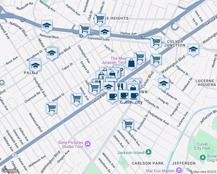 map of restaurants, bars, coffee shops, grocery stores, and more near 3762 Clarington Avenue in Los Angeles