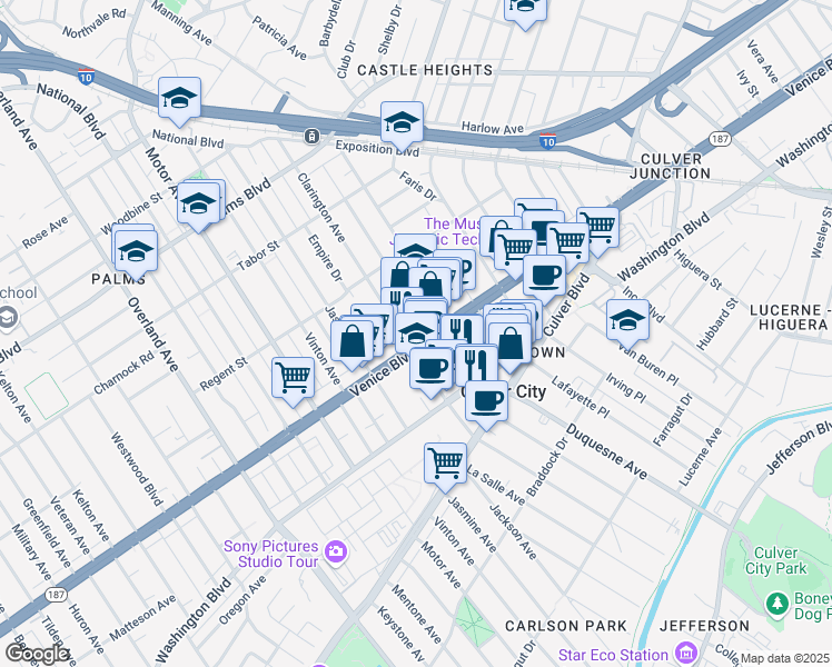 map of restaurants, bars, coffee shops, grocery stores, and more near 3762 Clarington Avenue in Los Angeles