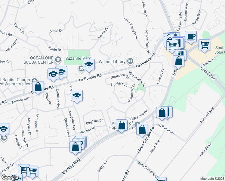 map of restaurants, bars, coffee shops, grocery stores, and more near 334 Deerfield Drive in Walnut