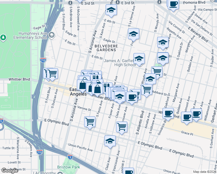 map of restaurants, bars, coffee shops, grocery stores, and more near 730 South Ferris Avenue in Los Angeles
