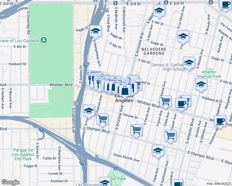 map of restaurants, bars, coffee shops, grocery stores, and more near 4571 1/2 Whittier Boulevard in East Los Angeles