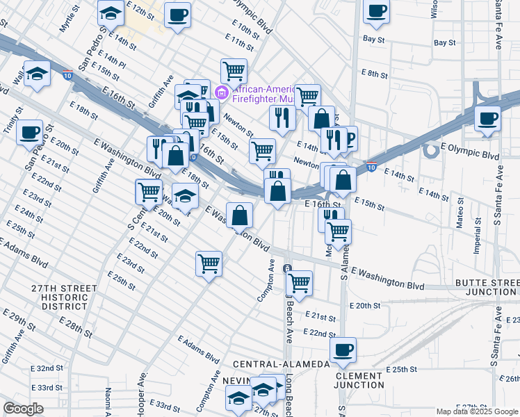 map of restaurants, bars, coffee shops, grocery stores, and more near 1704 Hooper Avenue in Los Angeles