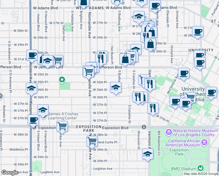map of restaurants, bars, coffee shops, grocery stores, and more near 1301 West 36th Street in Los Angeles