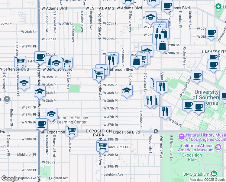 map of restaurants, bars, coffee shops, grocery stores, and more near 1355 West 36th Street in Los Angeles