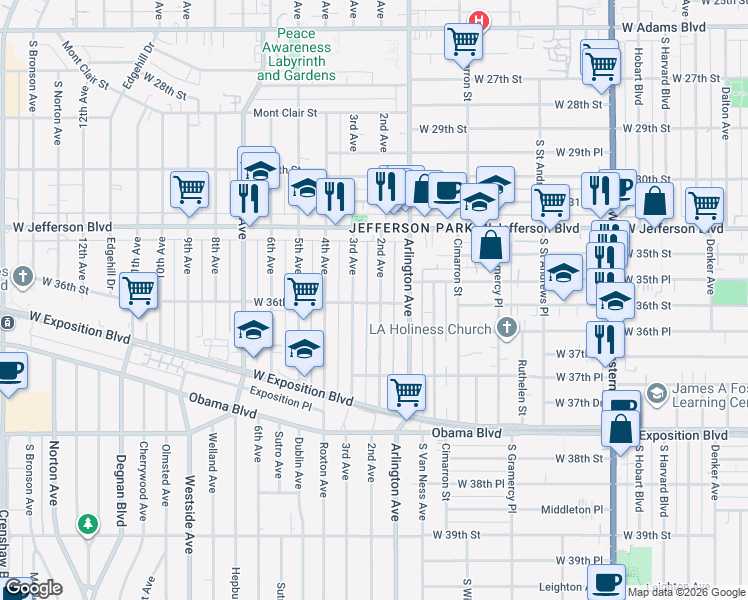 map of restaurants, bars, coffee shops, grocery stores, and more near 3488 2nd Avenue in Los Angeles