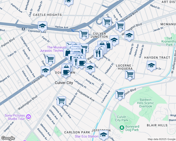 map of restaurants, bars, coffee shops, grocery stores, and more near 3962 Van Buren Place in Culver City