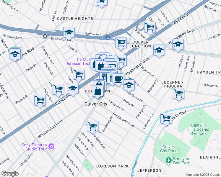 map of restaurants, bars, coffee shops, grocery stores, and more near 9552 Culver Boulevard in Culver City