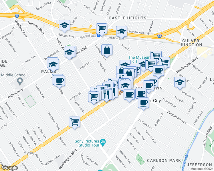map of restaurants, bars, coffee shops, grocery stores, and more near 3742 Jasmine Avenue in Los Angeles