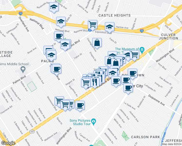 map of restaurants, bars, coffee shops, grocery stores, and more near 3718 Vinton Avenue in Los Angeles