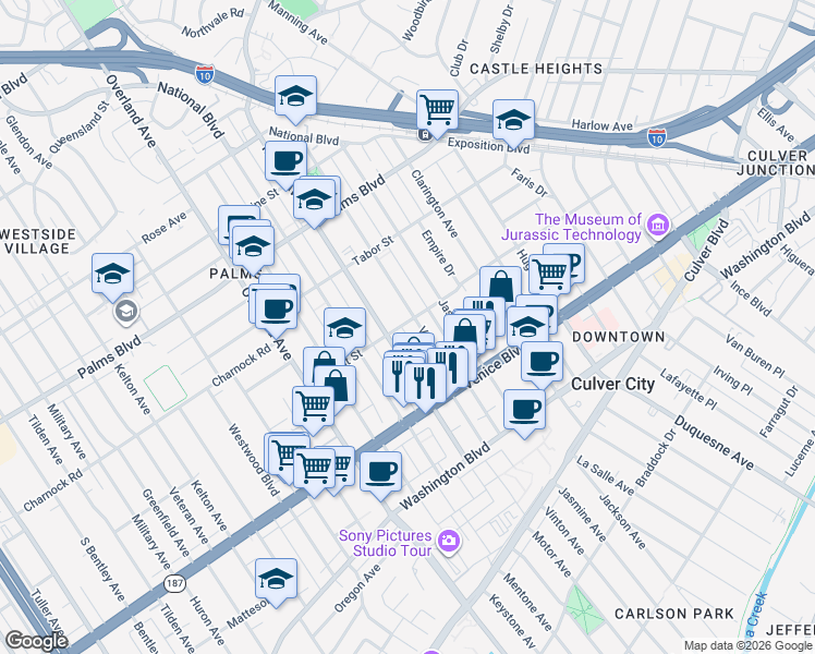 map of restaurants, bars, coffee shops, grocery stores, and more near 3690 Motor Avenue in Los Angeles