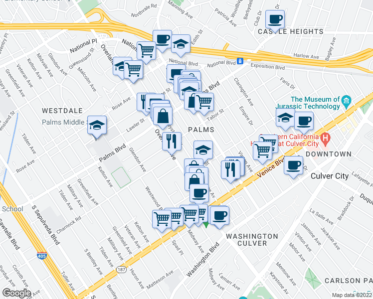 map of restaurants, bars, coffee shops, grocery stores, and more near 3636 Keystone Avenue in Los Angeles