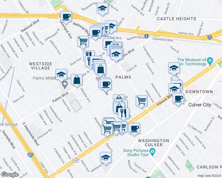 map of restaurants, bars, coffee shops, grocery stores, and more near 3614 Overland Avenue in Los Angeles