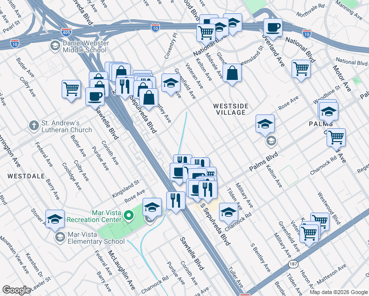 map of restaurants, bars, coffee shops, grocery stores, and more near 3311 South Bentley Avenue in Los Angeles