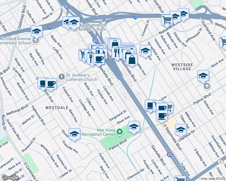 map of restaurants, bars, coffee shops, grocery stores, and more near in Los Angeles