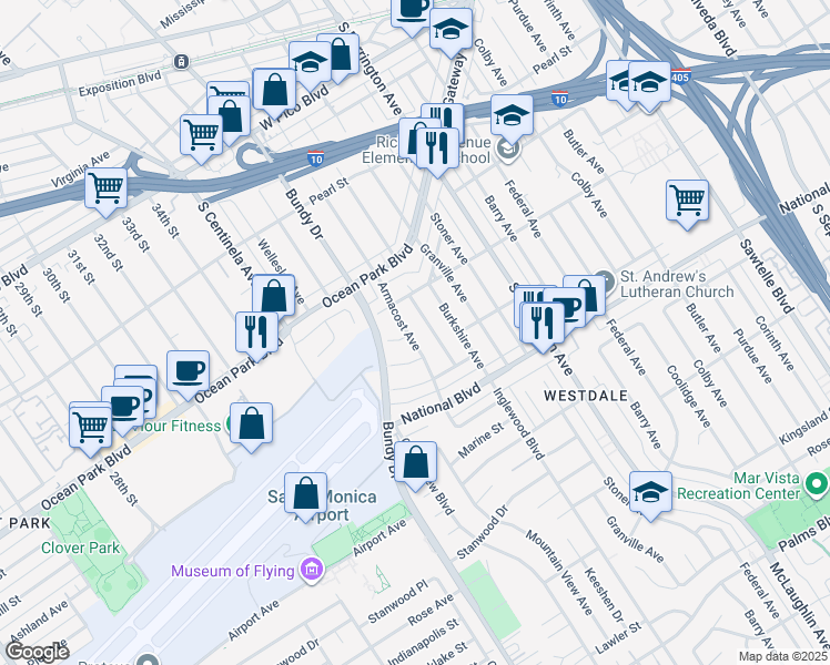 map of restaurants, bars, coffee shops, grocery stores, and more near 2731 Armacost Avenue in Los Angeles