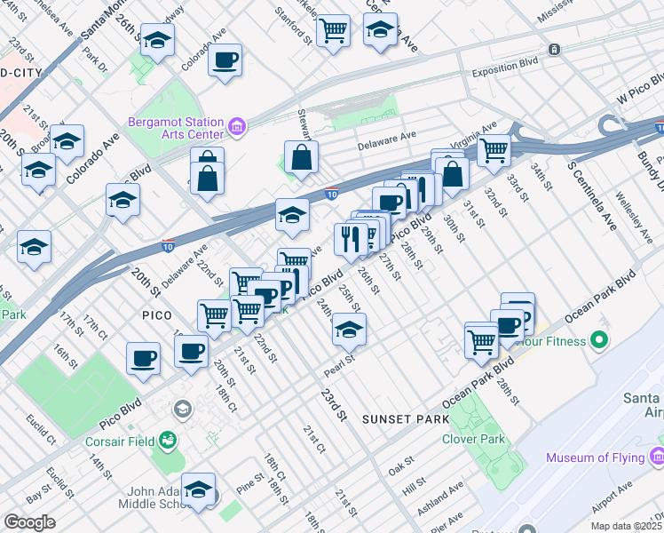 map of restaurants, bars, coffee shops, grocery stores, and more near 2501 Pico Boulevard in Santa Monica