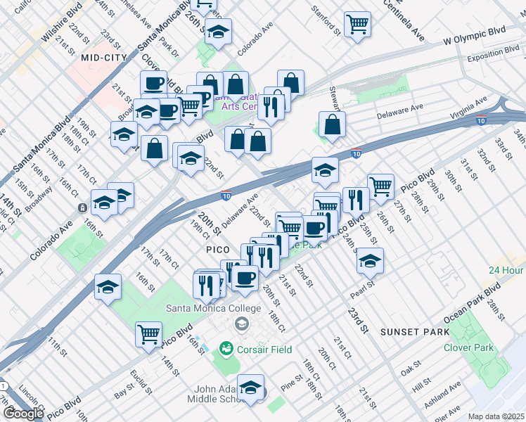 map of restaurants, bars, coffee shops, grocery stores, and more near 1916 22nd Street in Santa Monica