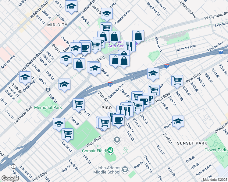 map of restaurants, bars, coffee shops, grocery stores, and more near 1837 21st Street in Santa Monica