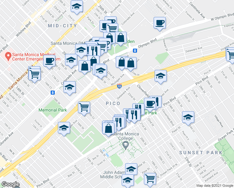 map of restaurants, bars, coffee shops, grocery stores, and more near 1837 21st Street in Santa Monica