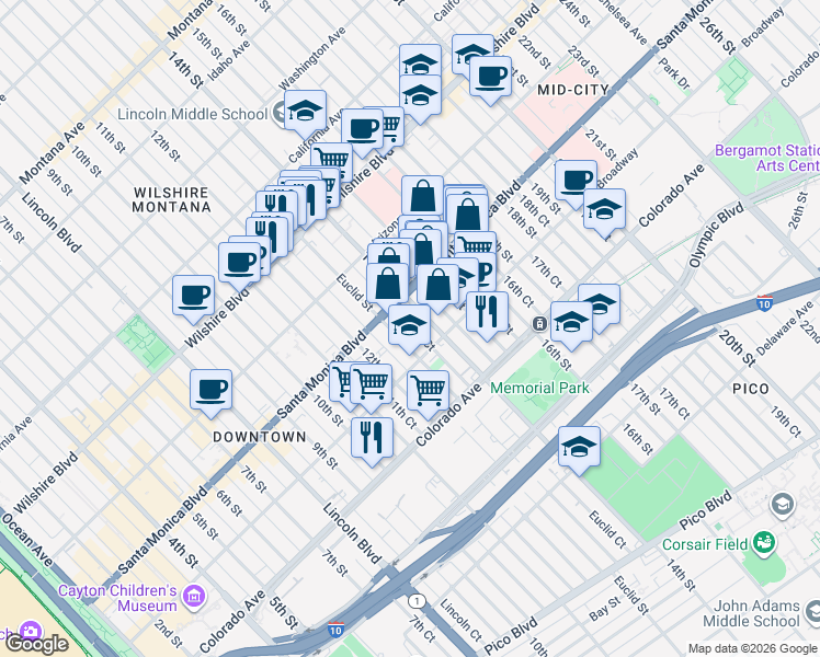 map of restaurants, bars, coffee shops, grocery stores, and more near 1438 14th Street in Santa Monica