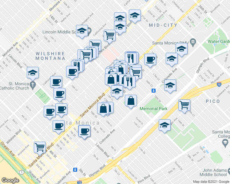 map of restaurants, bars, coffee shops, grocery stores, and more near 1250 Santa Monica Boulevard in Santa Monica