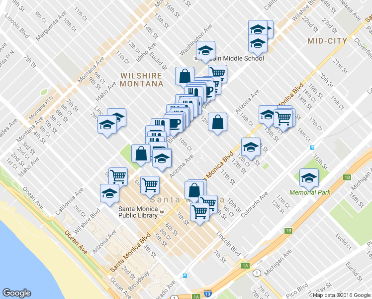 map of restaurants, bars, coffee shops, grocery stores, and more near 1247 10th Court in Santa Monica