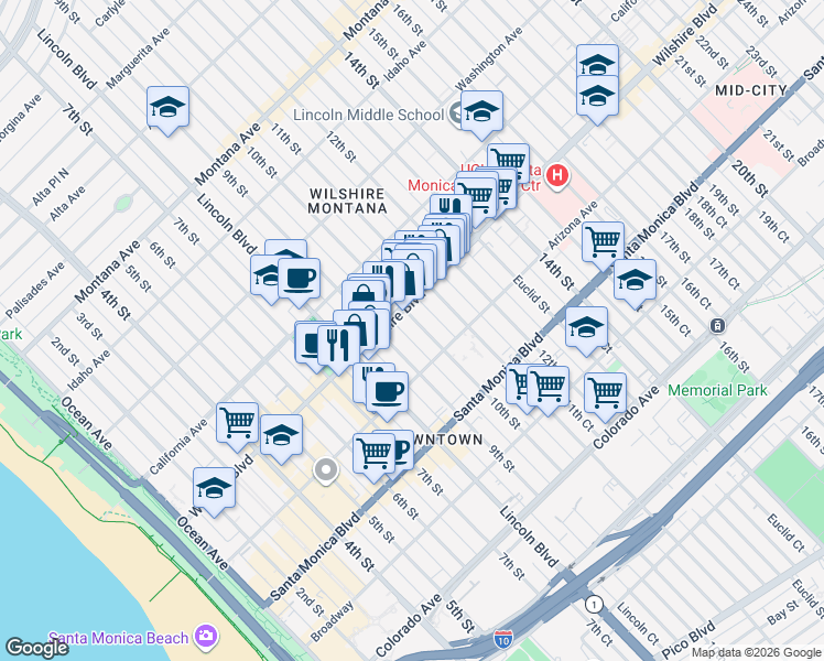 map of restaurants, bars, coffee shops, grocery stores, and more near in Santa Monica