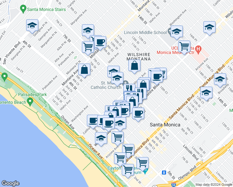 map of restaurants, bars, coffee shops, grocery stores, and more near 1033 6th Court in Santa Monica