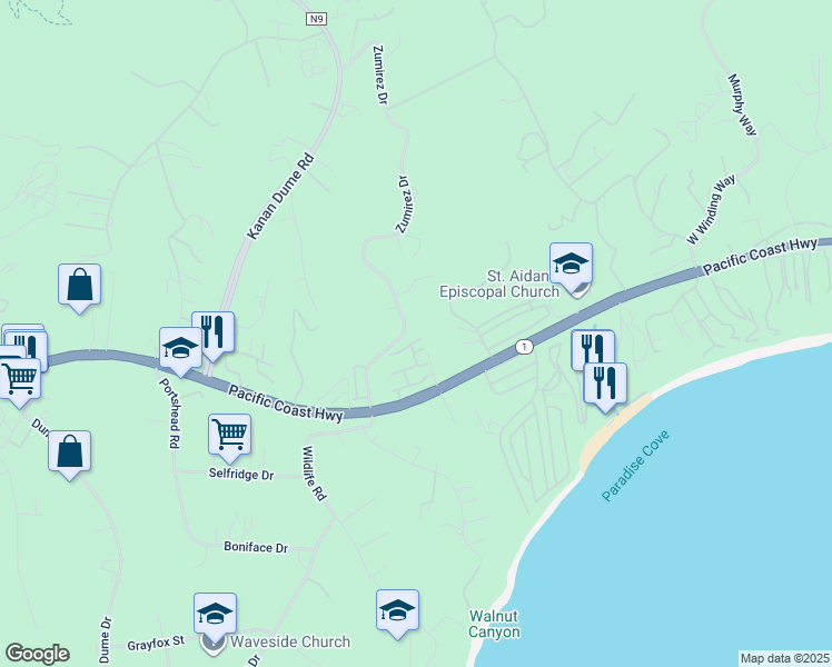 map of restaurants, bars, coffee shops, grocery stores, and more near 6463 Zuma View Place in Malibu
