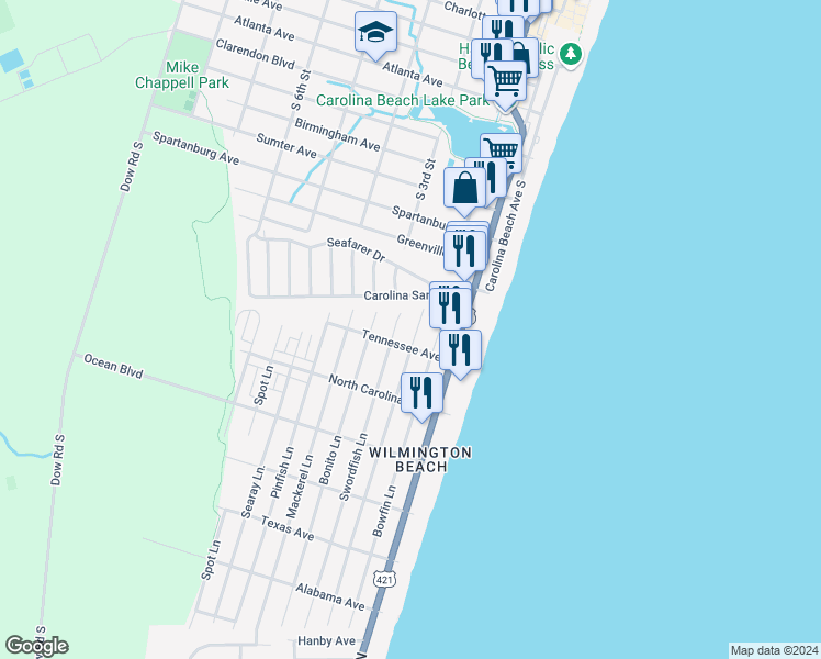 map of restaurants, bars, coffee shops, grocery stores, and more near 1119 Swordfish Lane in Carolina Beach