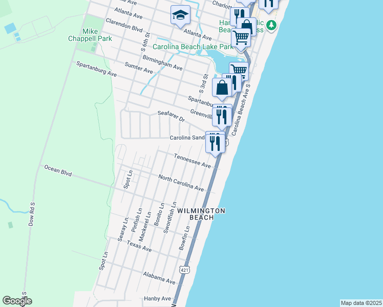 map of restaurants, bars, coffee shops, grocery stores, and more near 1119 Swordfish Lane in Carolina Beach
