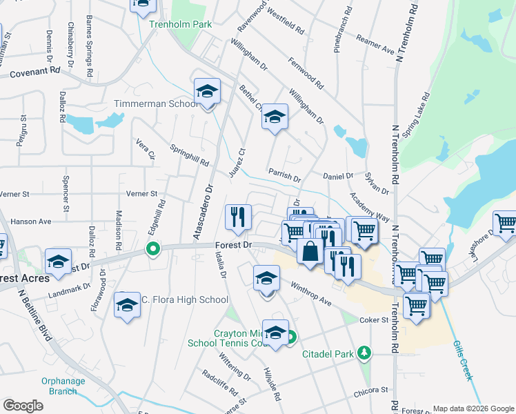 map of restaurants, bars, coffee shops, grocery stores, and more near 107 Kings Mill Road in Columbia