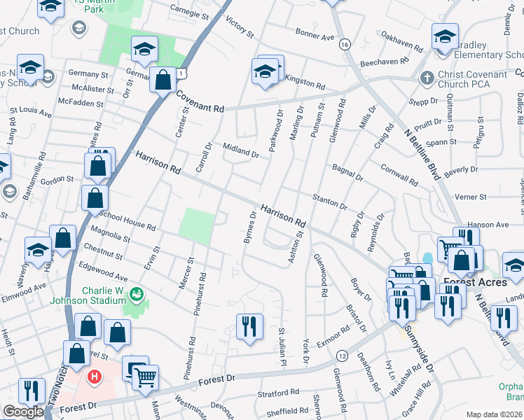 map of restaurants, bars, coffee shops, grocery stores, and more near 2711 Harrison Road in Columbia