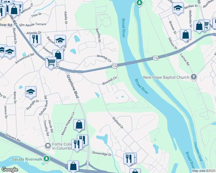 map of restaurants, bars, coffee shops, grocery stores, and more near 1100 Skyland Drive in Columbia