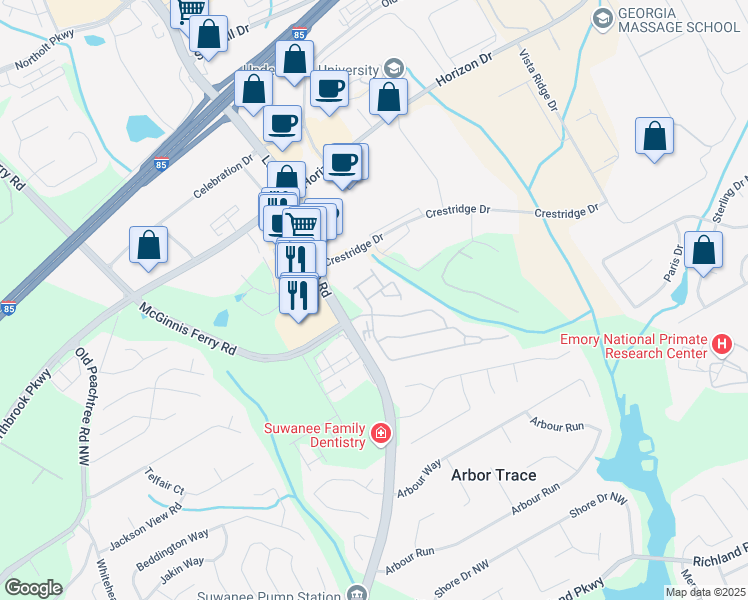 map of restaurants, bars, coffee shops, grocery stores, and more near 2827 Gower Way in Suwanee