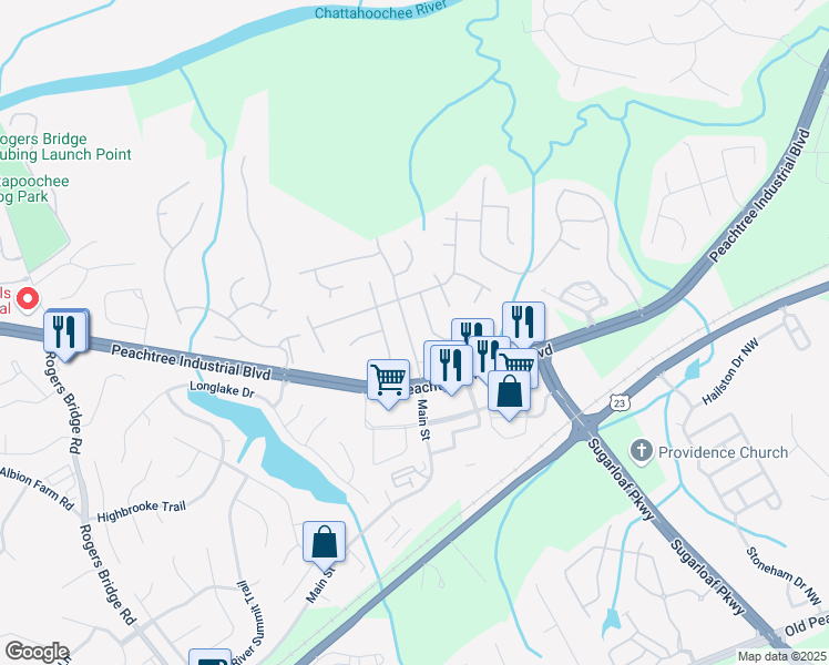 map of restaurants, bars, coffee shops, grocery stores, and more near 2130 Chattahoochee Drive Northwest in Duluth
