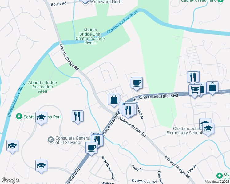 map of restaurants, bars, coffee shops, grocery stores, and more near 4372 Ainsley Mill Lane in Duluth