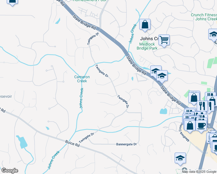 map of restaurants, bars, coffee shops, grocery stores, and more near 5315 Laithbank Lane in Alpharetta