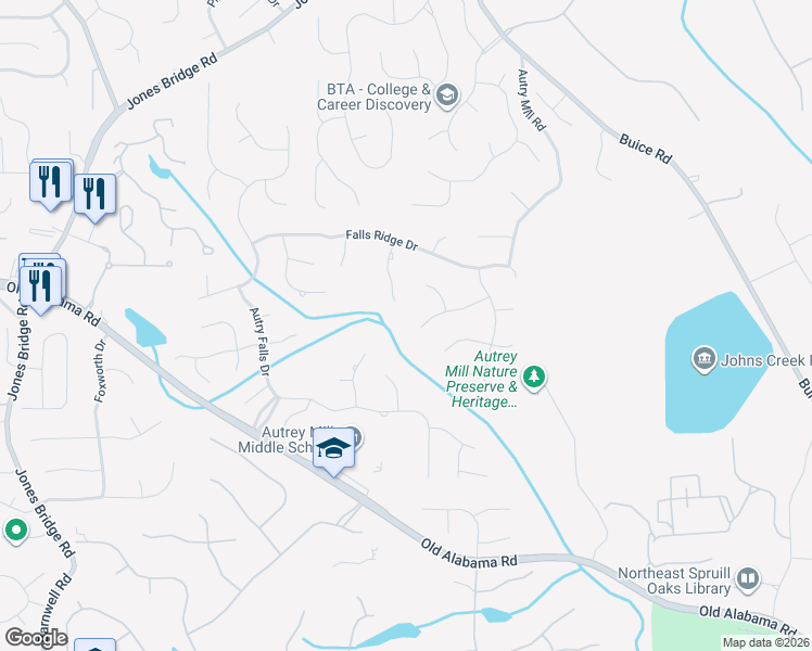 map of restaurants, bars, coffee shops, grocery stores, and more near 395 Falls Point Trail in Alpharetta